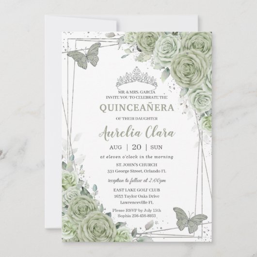 Invitation Papillons floraux vert Sage Silver Quinceañera (Devant)