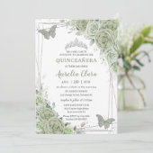 Invitation Papillons floraux vert Sage Silver Quinceañera (Debout devant)