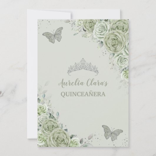 Invitation Papillons floraux vert Sage Silver Quinceañera (Dos)