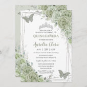 Invitation Papillons floraux vert Sage Silver Quinceañera (Devant / Derrière)