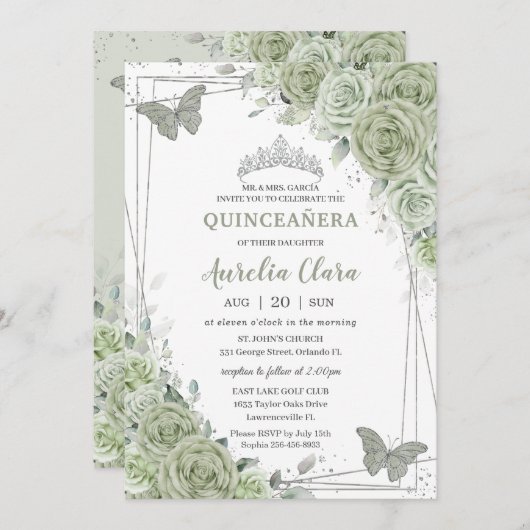 Invitation Papillons floraux vert Sage Silver Quinceañera (Devant / Derrière)