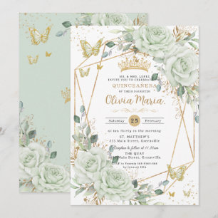 Invitation Papillons Floraux Vert Sauge Quinceañera Quince