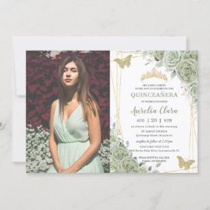 Invitation Papillons floraux verts Sage Quinceañera Photo