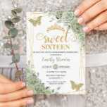 Invitation Papillons floraux verts Sage Sweet sixteen d'or<br><div class="desc">Cette invitation chic Sweet 16 Anniversaire présente un cadre géométrique en parties scintillant d'or orné d'une délicate aquarelle vert floral, une douce végétation sauge et des papillons de sauge et d'or. Personnalisez-le avec vos détails facilement et rapidement, appuyez simplement sur le bouton customiser pour réorganiser et formater le style et...</div>