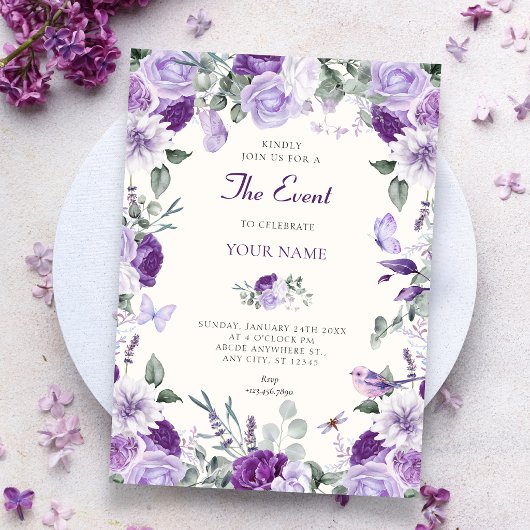 Invitation Papillons floraux violets