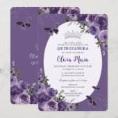 Invitation Papillons floraux violets foncés Silver Quinceañer (Devant / Derrière)