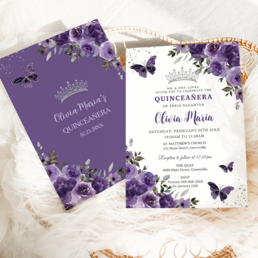 Invitation Papillons floraux violets foncés Silver Quinceañer