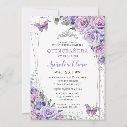 Invitation Papillons floraux violets Lilac Quinceanera en arg (Devant)