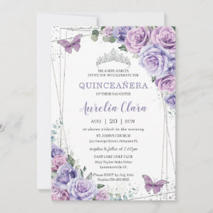 Invitation Papillons floraux violets Lilac Quinceanera en arg