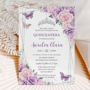 Invitation Papillons floraux violets Lilac rose Quinceañera