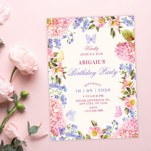 Invitation Papillons floraux violets roses anniversaire
