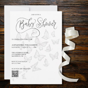 Invitation Papillons gris moderne Baby shower QR Code