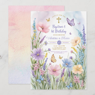 Invitation Papillons Jardin Baptême jumeaux et 1er anniversai