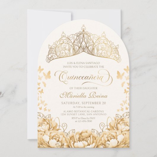 Invitation Papillons jaunes d'or Quinceanera de la Couronne f (Devant)