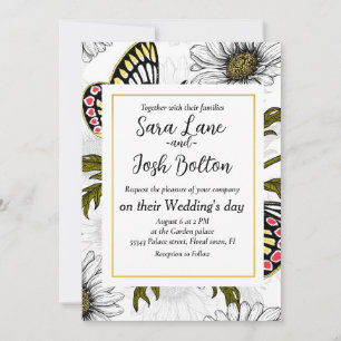Invitation Papillons Jézabel et fleurs marguerites sur blanc