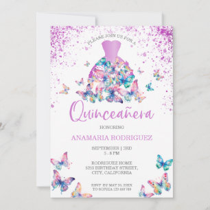 Invitation Papillons Lavande Gown Blush Floral Quinceanera