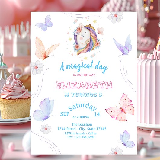 Invitation Papillons Licorne Magiques Anniversaire Rayé 