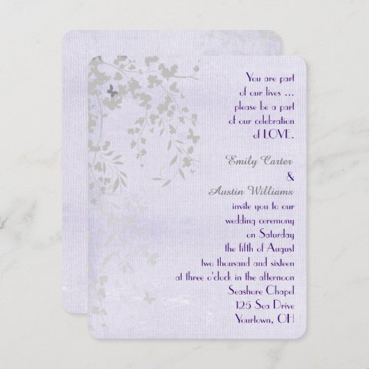 Invitation Papillons Mariages en argent et violet (Devant / Derrière)