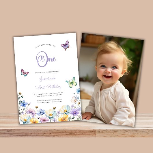 Invitation papillons mignon photo 1er anniversaire fleur sauv