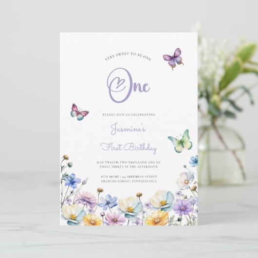 Invitation papillons mignon photo 1er anniversaire fleur sauv (Debout devant)