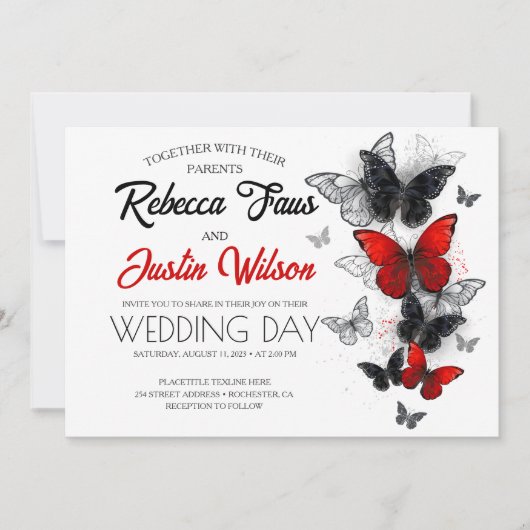 Invitation Papillons Morpho et Monarch rouges et noirs (Devant)