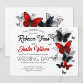 Invitation Papillons Morpho et Monarch rouges et noirs (Devant / Derrière)