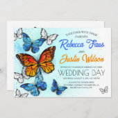 Invitation Papillons Morpho et Monarque Bleus et Orange (Devant / Derrière)