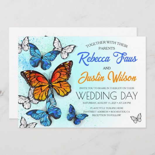 Invitation Papillons Morpho et Monarque Bleus et Orange (Devant / Derrière)