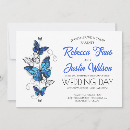 Invitation Papillons Morpho Monarch bleus et blancs (Devant)