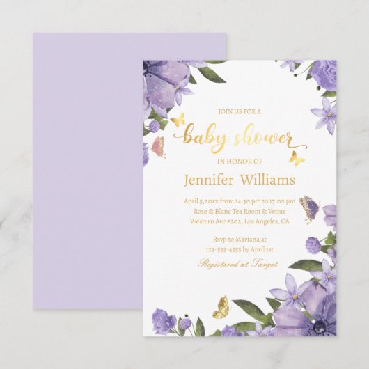 Invitation papillons or violet baby shower floral (Devant / Derrière)