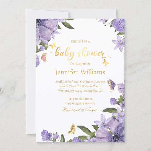 Invitation papillons or violet baby shower floral (Devant)
