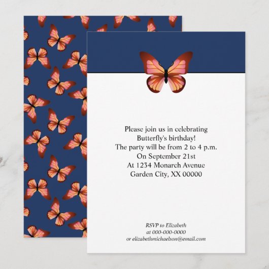 Invitation Papillons Orange Rose Black Motif Party (Devant / Derrière)