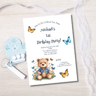 Invitation Papillons Ourson pour Bébé Garçon 1ère Fête d'Anni