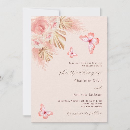 Invitation Papillons pampas herbe rose or luxe mariage (Devant)
