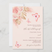 Invitation Papillons pampas herbe rose or QR RSVP mariage (Devant)