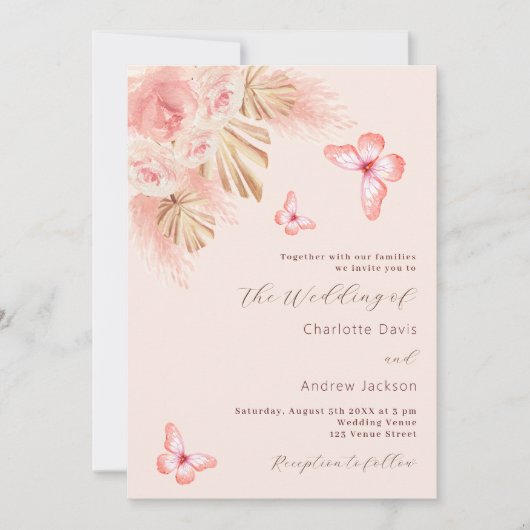 Invitation Papillons pampas herbe rose or QR RSVP mariage (Devant)