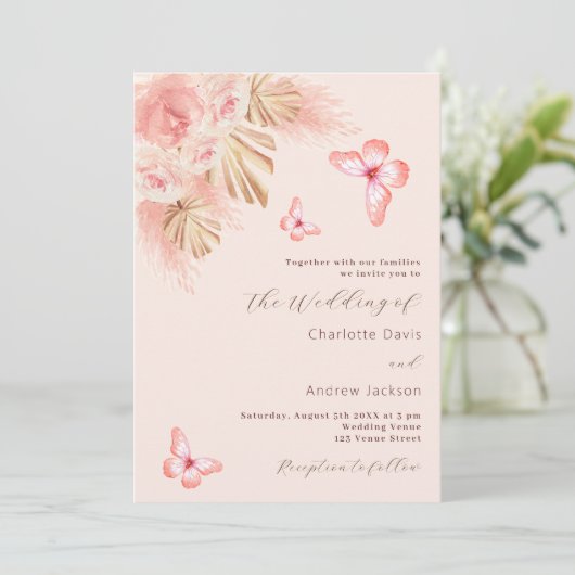 Invitation Papillons pampas herbe rose or QR RSVP mariage (Debout devant)