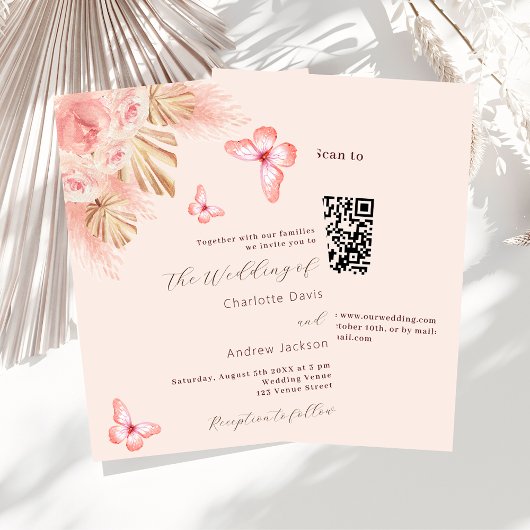 Invitation Papillons pampas herbe rose or QR RSVP mariage