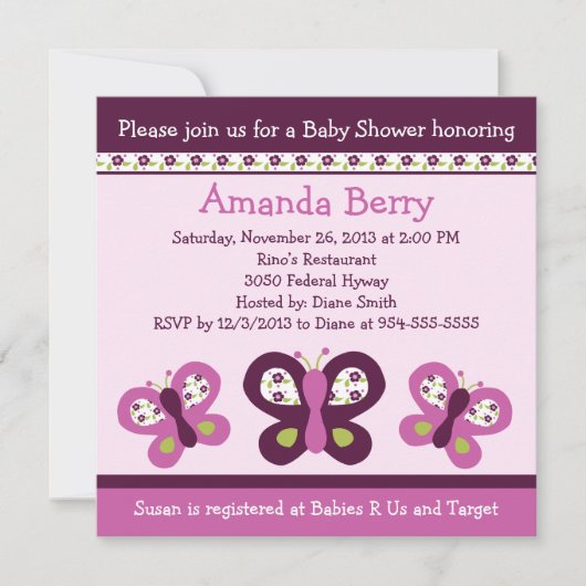 Invitation Papillons pourpres et Baby shower de flux Invitati (Devant)