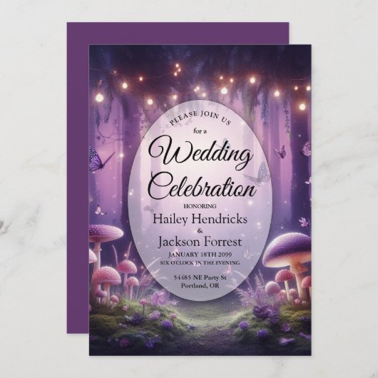 Invitation Papillons pourpres et Mariage Ciel Starlit (Devant / Derrière)