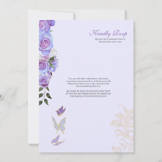 Invitation Papillons pourpres Iridescente Mariposa Quinceaner (Dos)