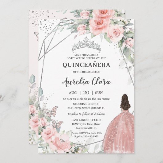 Invitation Papillons princes rose pâle Quinceañera (Devant / Derrière)