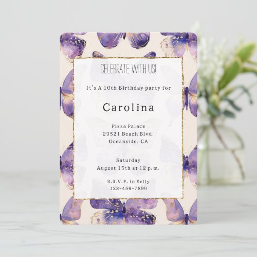 Invitation Papillons Purple Gold Anniversaire (Debout devant)