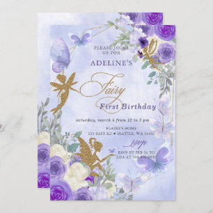 Invitation Papillons Purple Gold Fairy Premier anniversaire