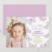 Invitation Papillons Purple Gold Photo 1er anniversaire (Devant / Derrière)