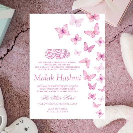 Invitation Papillons rose Chic Aqiqa Aqeeqah islamique