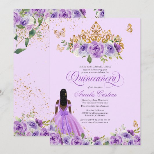 Invitation Papillons Rose d'aquarelle pourpre Quinceañera (Devant / Derrière)