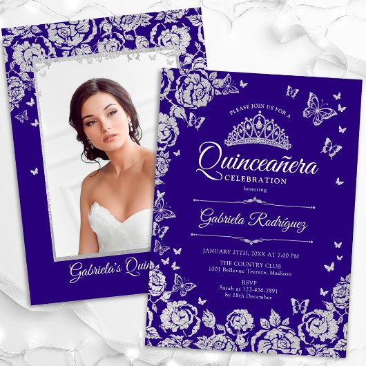 Invitation Papillons Rose d'argent pourpre Quinceanera Photo