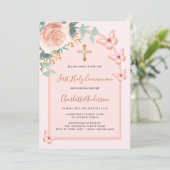 Invitation Papillons rose d'or arc floral Première communion (Debout devant)