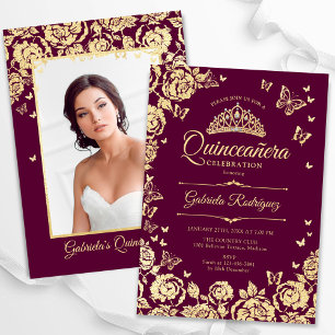 Invitation Papillons Rose d'or de Bourgogne Quinceanera Photo